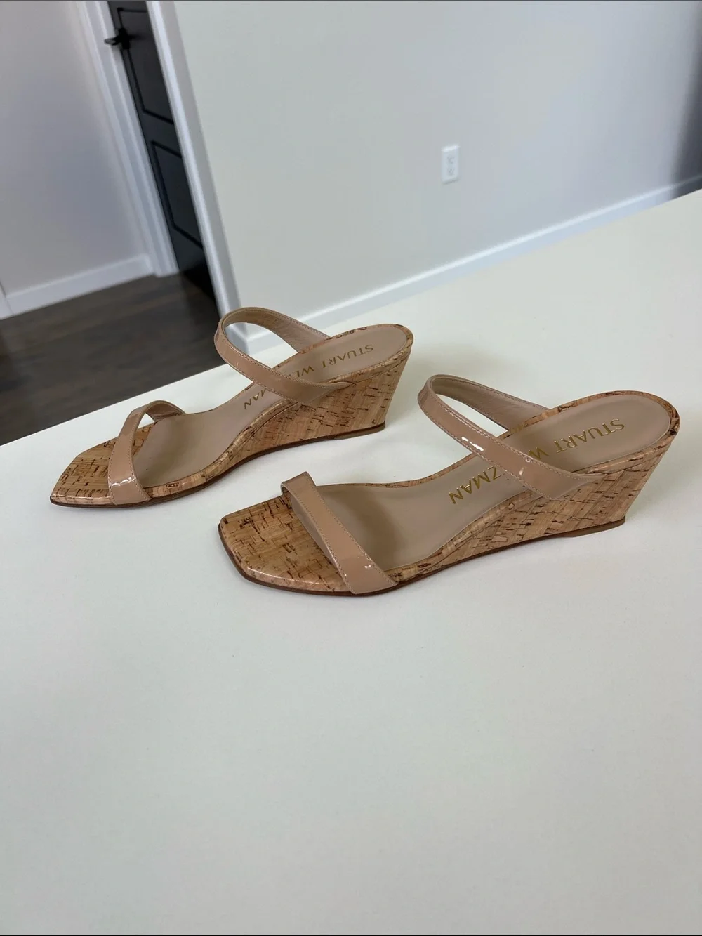 Stuart Weitzman aleena 50 wedge open toe sandals heels adobe tan 7.5